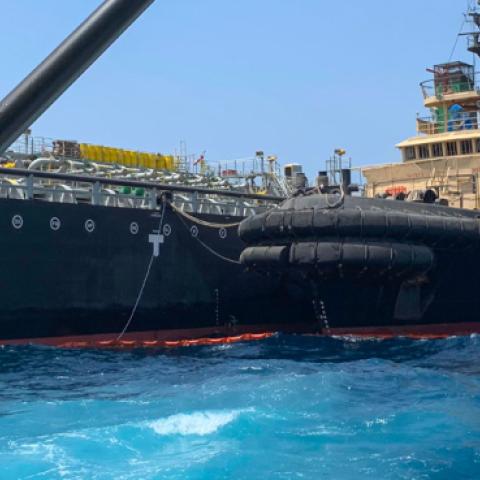Japanese oil tanker Kokuka Courageous off the port of the Gulf emirate of Fujairah on June 19, 2019. The tanker was attacked in the Gulf of Oman last week by limpet mine resembling Iranian mines. (MUMEN KHATIB/AFP/Getty Images)