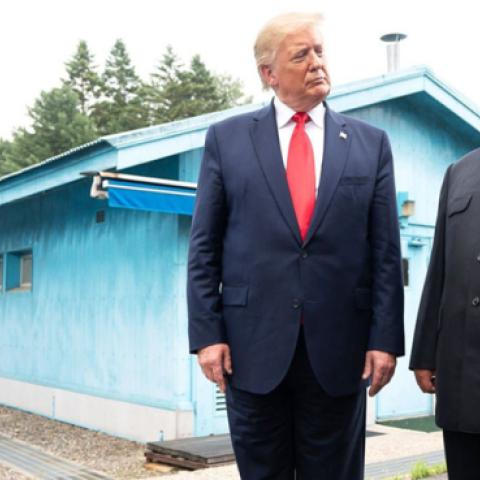 President Donald Trump and North Korean leader Kim Jong-un speak with reporters at the Korean Demilitarized Zone at Panmunjom, June 30, 2019. (White House)