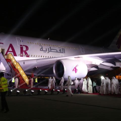 Qatar Airways' first Airbus A380 is seen during a ceremony at Hamad International Airport in Doha, Qatar on September 18, 2014. (Getty Images)