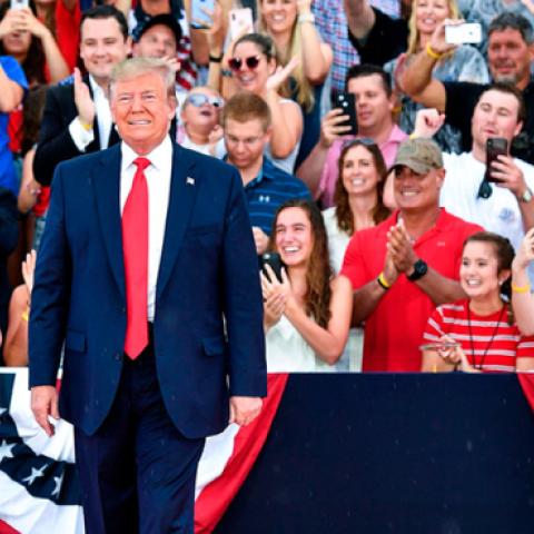 US President Donald Trump and US First Lady Melania Trump arrive for the "Salute to America" Fourth of July event at the Lincoln Memorial in Washington, DC, July 4, 2019. (Getty Images)