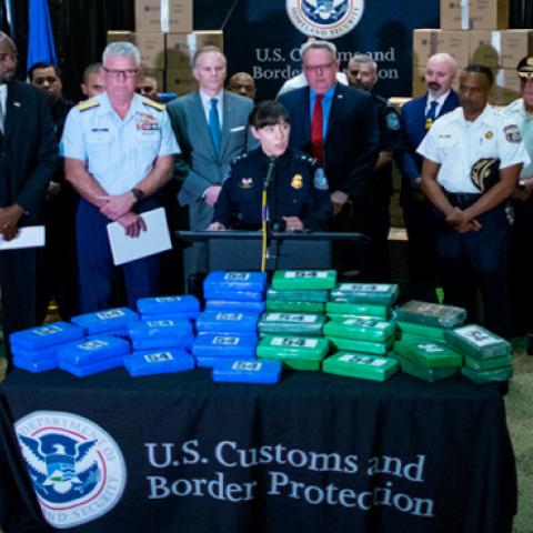 U.S. Customs and Border Protection, Director of Field Operations Casey Durst speaks about cocaine seized from a cargo ship at a Philadelphia port on June 21, 2019 in Philadelphia, Pennsylvania. (Munoz Alvarez/Getty Images)