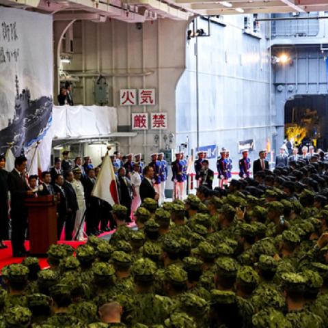 Japan's Prime Minister Shinzo Abe delivers a speech to Japanese and U.S. troops with U.S. President Donald Trump, May 28, 2019. (Athit Perawongmetha - Pool/Getty Images) 
