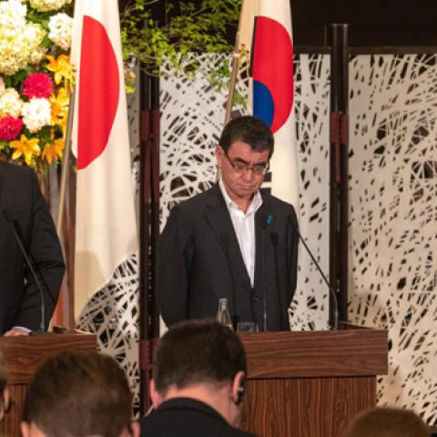 U.S. Secretary of State Michael R. Pompeo participates in a press conference following a trilateral meeting with Japanese Foreign Minister Tarō Kōno and Republic of Korea's Foreign Minister Kang Kyung-wha on July 7, 2018 in Tokyo, Japan. (State Department