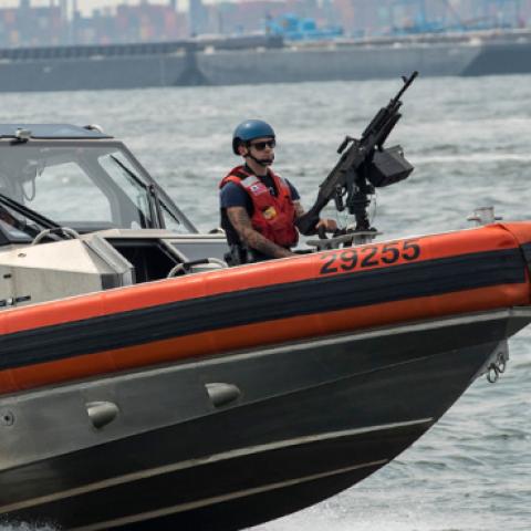 A U.S. Coast Guard boat cruises through New York Harbor. (Drew Angerer/Getty Images)
