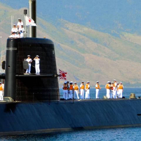 The Maritime Self-Defense Force submarine Oyashio, foreground, and two destroyers anchor at Subic Bay on April 3, 2016 in Subic, Philippines. (The Asahi Shimbun via Getty Images)