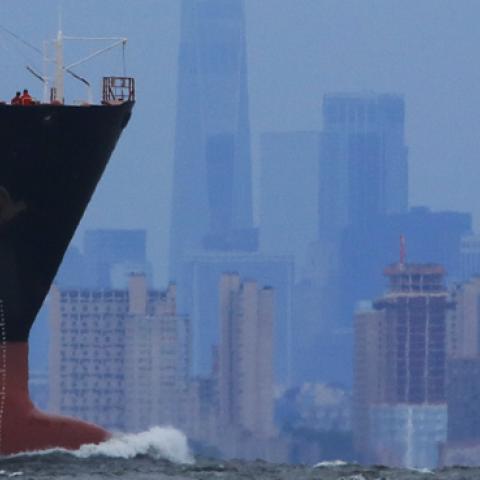 The Leopard Sea, a chemical and oil tanker ship, sails in front of the skyline of lower Manhattan in New York City on September 8, 2018. (Gary Hershorn/Getty Images) 