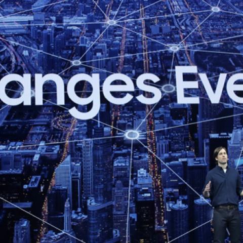 Samsung product marketing manager Drew Blackard announces the new Samsung Galaxy S10 5G during the Samsung Unpacked event on February 20, 2019 in San Francisco, California. (Justin Sullivan/Getty Images)