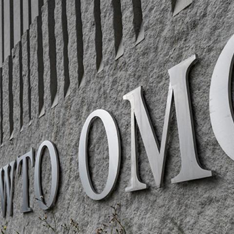 A sign of the World Trade Organization (WTO) is seen on their headquarters on September 21, 2018 in Geneva.  (FABRICE COFFRINI/AFP via Getty Images)