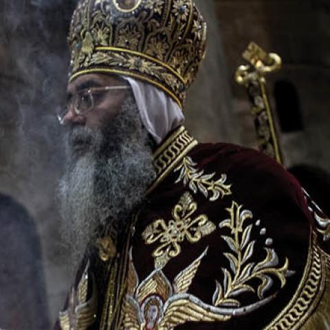 Pope Tawadros II leader of Egypt's Coptic Orthodox Church holds mass to celebrate Easter Sunday at the Church of the Holy Sepulchre in the Old City on April 1, 2018 in Jerusalem, Israel. 