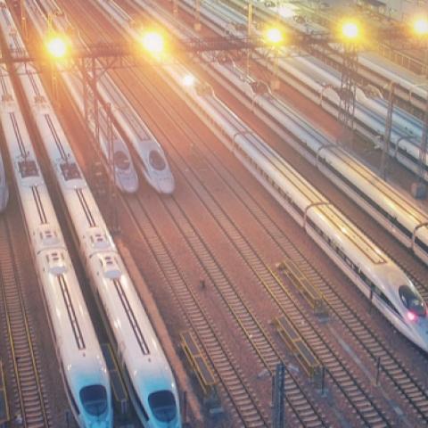 Aerial view of high-speed trains at a maintenance factory on June 20, 2016 in Zhengzhou, Henan Province of China. (Visual China Group via Getty Images)