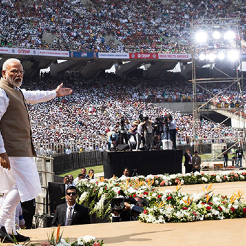 President Donald Trump, First Lady Melania Trump and Indian Prime Minister Narendra Modi arriving at the Sardar Patel Stadium on February 24, 2020. (ALEX BRANDON/ASSOCIATED PRESS)