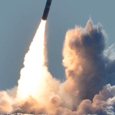 An unarmed Trident II D5 missile launches from the Ohio-class ballistic missile submarine USS Nebraska (SSBN 739) off the coast of California