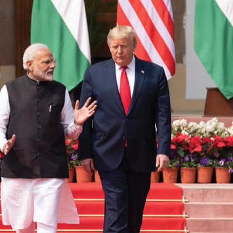 President Donald J. Trump and Indian Prime Minister Narendra Modi walk together from Hyderabad House to deliver a joint press statement Tuesday, Feb. 25, 2020, on the lawn of Hyderabad House in New Delhi