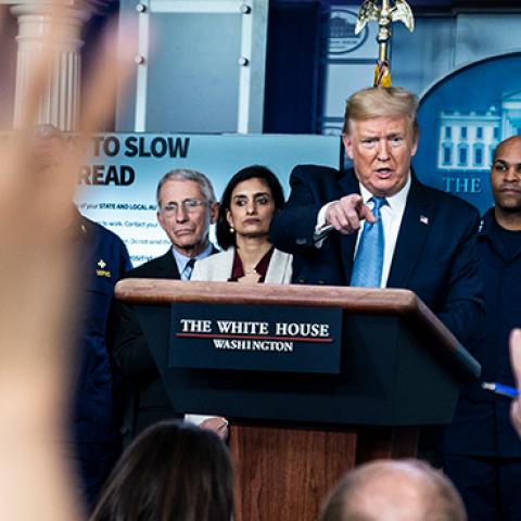 President Donald J. Trump holds a briefing in response to the COVID-19 coronavirus pandemic at the White House on Monday, March 16, 2020 in Washington, DC. (Jabin Botsford/The Washington Post via Getty Images)