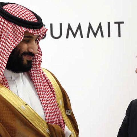 Russian President Vladimir Putin (R) and Saudi Arabia's Prince and Defence Minister Mohammad bin Salman al Saud (L) attend their bilateral talks at the G20 Osaka Summit 2019,  on June 29, 2019 in Osaka, Japan. Vladimir Putin has arrived to Japan to partci