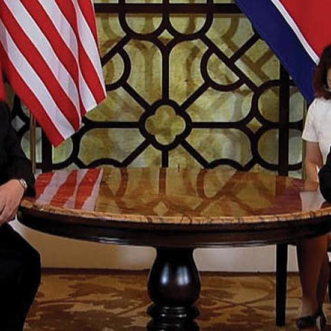 U.S. President Donald Trump (R) and North Korean leader Kim Jong-un (L) during their second summit meeting at the Sofitel Legend Metropole hotel on February 28, 2019 in Hanoi, Vietnam. 