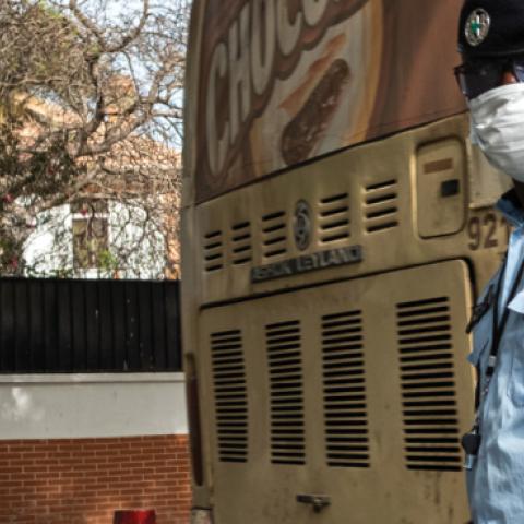 A police man wearing a face mask in Dakar, Senegal, on March 3, 2020. (Jerome Gilles/NurPhoto via Getty Images)