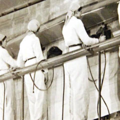 Women factory workers assemble wings during World War II