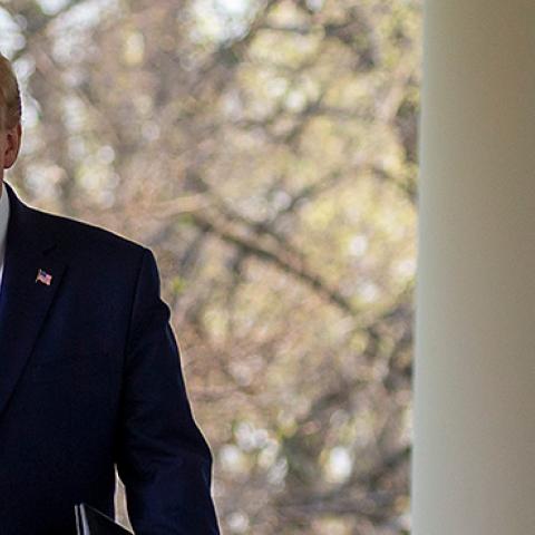 U.S. President Donald Trump walks to the Rose Garden for the daily coronavirus briefing at the White House on March 29, 2020. (Tasos Katopodis/Getty Images)