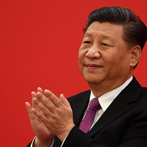 Chinese President Xi Jinping speaks with Russian President Vladimir Putin via a video link, from the Great Hall of the People on December 2, 2019 in Beijing, China. (Noel Celis/Getty Images)