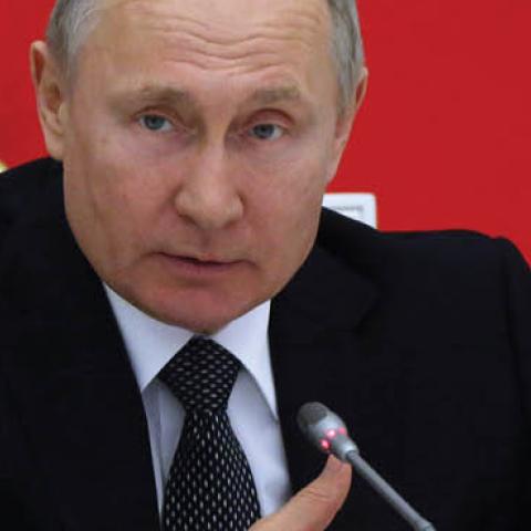 Russian President Vladimir Putin gestures during the meeting of Commission for Changing Constitution at the Kremlin  on February 26, 2020 in Moscow, Russia
