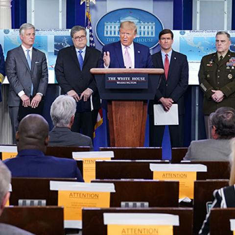 President Donald Trump takes questions from the press during the daily briefing on the novel coronavirus at the White House on April 1, 2020, in Washington, DC. (MANDEL NGAN/AFP via Getty Images) 