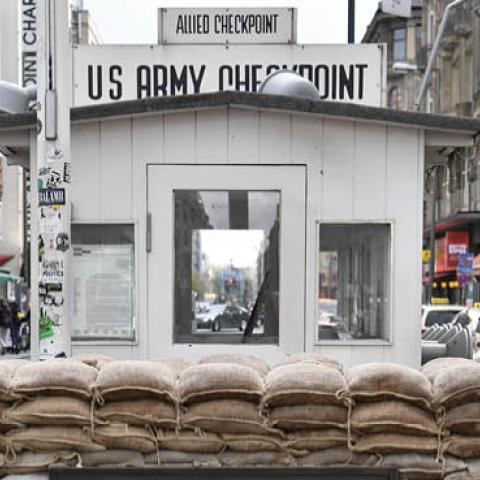 A view of Checkpoint Charlie, a former checkpoint connecting the former US sector with the Soviet sector in then divided Berlin is pictured in Berlin on November 05, 2019.