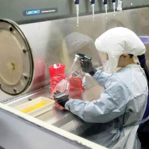 A laboratory scientist cultures coronavirus for testing in Frederick, Md., March 19.