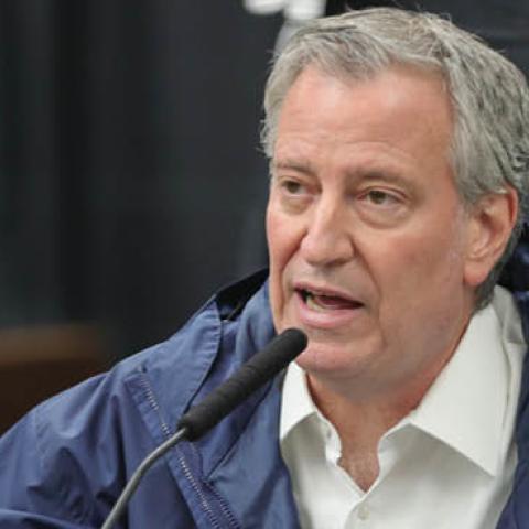 Mayor Bill de Blasio greets healthcare workers and conducts a press conference at the USTA Billie Jean King National Tennis Center, New York, April 10, 2020. 