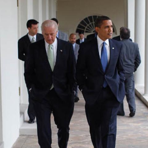 President Barack Obama walking with Vice President Joe Biden in The White House
