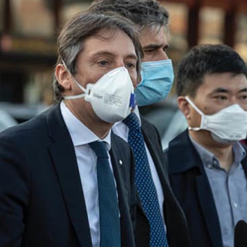 Vice President of Lombardy Region Fabrizio Sala speaks during a press conference with members of a Chinese medical team at Milan Malpensa Airport on March 18, 2020 in Ferno, Italy.