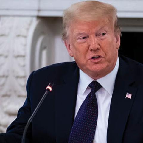  President Donald Trump makes remarks as he participates in a roundtable with law enforcement officials in the State Dining Room of the White House, June, 8, 2020 in Washington, DC.