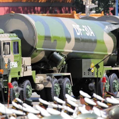      ICBM 'DF-31A' drive past the Tiananmen Square during a military parade on September 3, 2015 in Beijing, China.