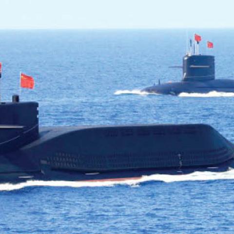 A nuclear-powered Type 094A Jin-class ballistic missile submarine of the Chinese People’s Liberation Army Navy during a military exercise in the South China Sea in 2018. 