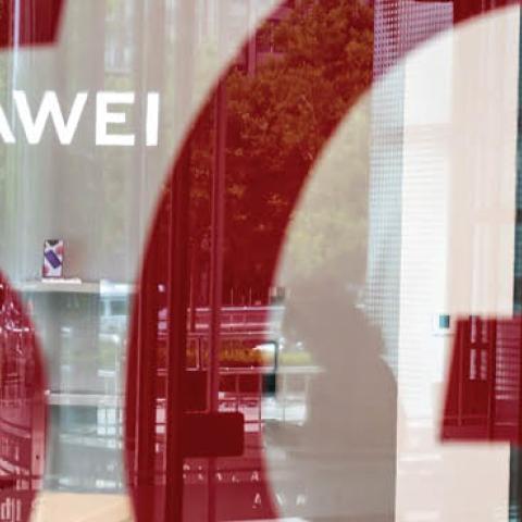 A shop for Chinese telecom giant Huawei features a red sticker reading "5G" in Beijing on May 25, 2020.