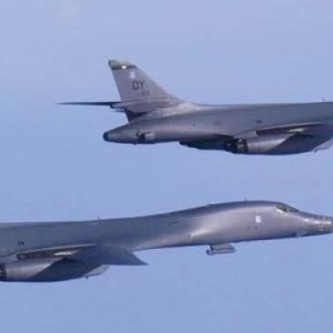 A U.S. Air Force B-1B Lancer assigned to the 9th Expeditionary Bomb Squadron assigned to the 28th Bomb Wing fly a 10-hour mission from Andersen Air Force Base, Guam, into Japanese airspace and over the Korean Peninsula, July 30, 2017
