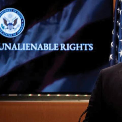 A monitor displays the words Commission on Unalienable Rights behind Secretary of State Mike Pompeo as he speaks during a news conference at the State Department in Washington,DC on July 15, 2020.