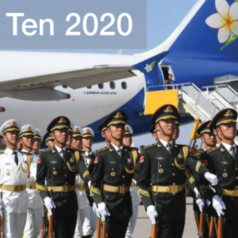 A Chinese military honor guard marches off after greeting Laotian President Bounnhang Vorachith (not seen) on his arrival at Beijing airport to attend the Belt and Road Forum, on April 25, 2019 (GREG BAKER/GETTY IMAGES)