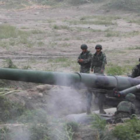 Soldiers fire an 8 inch (203 mm) M110 self-propelled howitzer during a live-fire, anti-landing Han Kuang military exercise, which simulates an enemy invasion, in Taichung, Taiwan on 16 July 2020