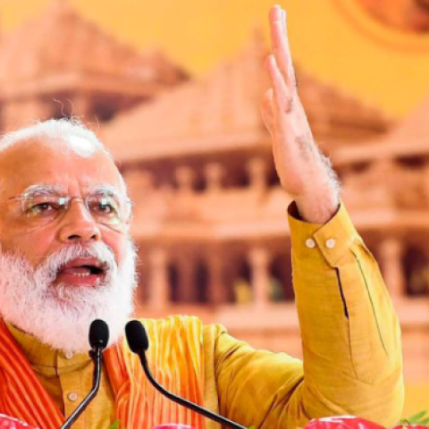 Indian Prime Minister Narendra Modi speaks at the groundbreaking ceremony of a Hindu temple in Ayodhya, Aug. 5. (GETTY IMAGES)