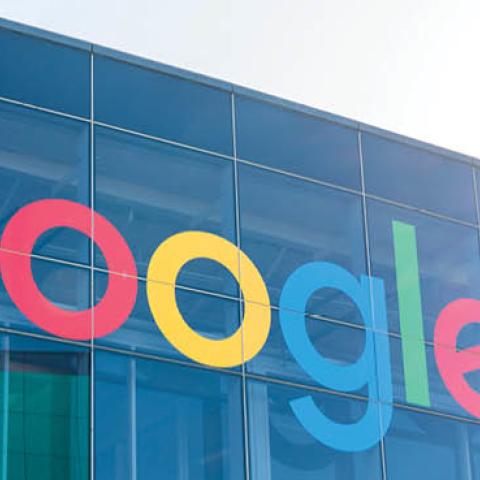 American multinational technology company Google logo seen at Googleplex, the corporate headquarters complex of Google and its parent company Alphabet Inc.