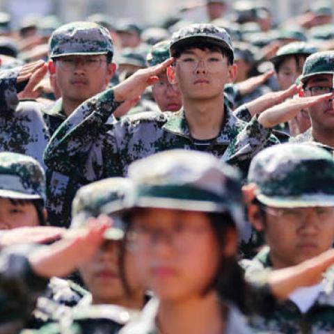 Grade Ten students mandatory military training on the campus ahead of the new semester in Huaibei City in central China's Anhui province