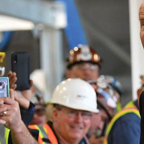 Democratic presidential candidate Joe Biden meets workers as he tours the Fiat Chrysler plant in Detroit, Michigan on March 10, 2020. 