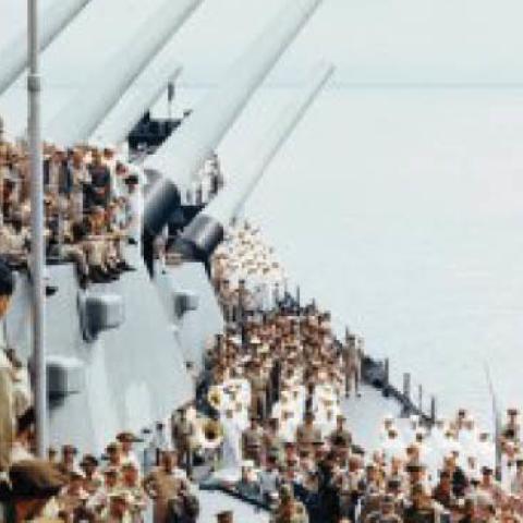 Aboard the USS Missouri at the conclusion of the formal surrender of Japan, September 2, 1945.