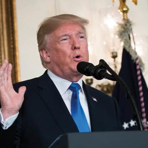 U.S. President Donald Trump makes a statement on the administration's strategy for dealing with Iran, in the Diplomatic Reception Room in the White House, October 13, 2017 in Washington, DC.