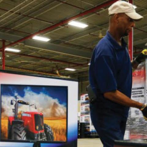 A worker wraps a stack of packed and assembled television sets at Element Electronics in Winnsboro, S.C., in 2014.