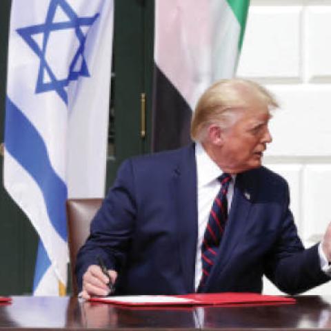 Prime Minister of Israel Benjamin Netanyahu, U.S. President Donald Trump, and Foreign Affairs Minister of the United Arab Emirates Abdullah bin Zayed bin Sultan Al Nahyan participate in the signing ceremony of the Abraham Accords on the South Lawn of the 