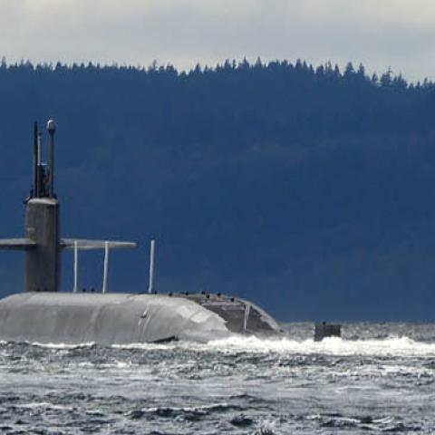 The Ohio-class ballistic missile submarine USS Pennsylvania (SSBN 735) sails toward its home port of Naval Base Kitsap after a strategic deterrent patrol