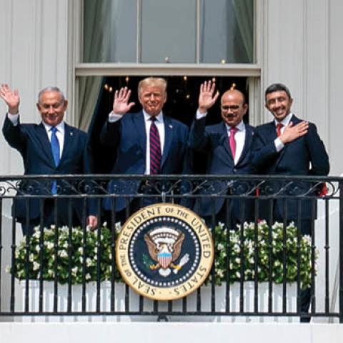 U.S. President Donald Trump (2nd L), Israeli Prime Minister Benjamin Netanyahu (L), UAE Foreign Minister Abdullah bin Zayed Al Nahyan (R) and Bahrain Foreign Minister Abdullatif bin Rashid Al Zayani (2nd R) on Sept. 15, 2020.