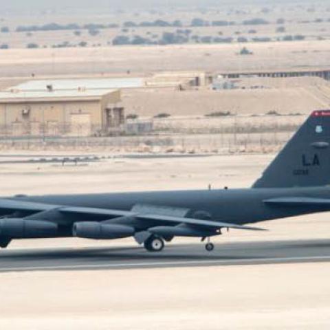 A U.S. Air Force B-52 Stratofortress aircraft from Barksdale Air Force Base, Louisiana, arrive at Al Udeid Air Base, Qatar, Saturday, April 9, 2016.